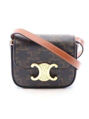 Celine Shoulder Bag Mini Claude Triomphe Black Brown Canvas Leather